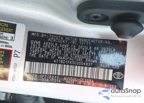 2012 Toyota Camry Hybrid Xle z USA, uszkodzony, nr VIN 4T1BD1FK5CU004937